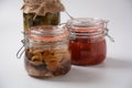 Jars of Homemade pickled vegetables: cucumbers, pickled honey agarics mushrooms. Royalty Free Stock Photo