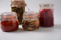 Jars of Homemade pickled vegetables: cucumbers, pickled honey agarics mushrooms. Royalty Free Stock Photo