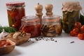 Jars of Homemade pickled vegetables. Fermented preserved vegetarian food concept Royalty Free Stock Photo