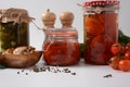 Jars of Homemade pickled vegetables. Fermented preserved vegetarian food concept Royalty Free Stock Photo