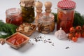 Jars of Homemade pickled vegetables. Fermented preserved vegetarian food concept Royalty Free Stock Photo