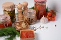 Jars of Homemade pickled vegetables. Fermented preserved vegetarian food concept Royalty Free Stock Photo