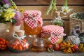 Jars of honey, bottles of healthy herbs and healing herbs Royalty Free Stock Photo
