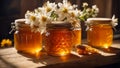 Jars of honey, flowers in the kitchen composition aromatic rustic