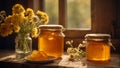 Jars of honey, flowers in the kitchen composition aromatic rustic tasty fresh