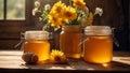 Jars of honey, flowers in the kitchen composition aromatic rustic tasty fresh liquid