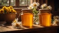 Jars of honey, flowers in the kitchen composition aromatic rustic tasty