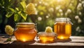 Jars of honey, flowers in nature fresh sunny flavor composition aroma