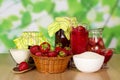 Jars of jam, basket with strawberry Royalty Free Stock Photo