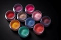 Jars with manicure dipping powder of brights colors, generative ai