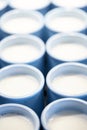 Jars of milk ready for ripening and turning into yogurt. The process of producing homemade yogurt.