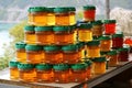 Jars of Natural Honey Piled Up in a Local Stall of Georgia`s Countryside