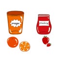 Jars with orange and strawberry jams