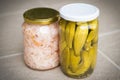 Jars of organic pickled vegetables. Marinated food
