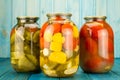 Jars of pickled vegetables. Marinated food.