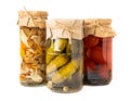 Jars with pickled vegetables. Marinated products. Royalty Free Stock Photo