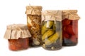 Jars with pickled vegetables. Marinated products. Royalty Free Stock Photo