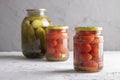 Jars of pickled vegetables, place for text Royalty Free Stock Photo