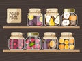 Jars preserved fruit and berries on wooden shelf. Canned food set. Pickled fruits in glass jars hand drawn doodle