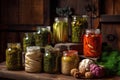 jars of preserved vegetables with rustic background