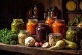 jars of preserved vegetables with rustic background