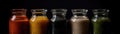 Jars Of Salad Dressingon Black Background Wde Panoramic. Generative AI Royalty Free Stock Photo