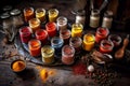 jars with spices on a wooden table. multi-colored loose substances.