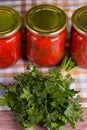 Jars stand on a table. View from above.