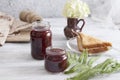 jars of strawberry jam and toasts. Sweet food