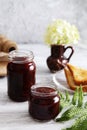 jars of strawberry jam and toasts. Sweet food