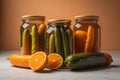 Jars with variety of pickled vegetables on table against orange background. generative ai