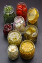 Jars with various preserved food