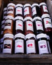 Jars of vegetable jam on street market.