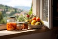 jars of vegetable preserves on window sill of village house Royalty Free Stock Photo