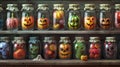 Jars of wrapped candies in various Halloweenthemed shapes and colors such as pumpkins skulls and ghosts Royalty Free Stock Photo