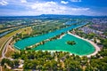 Jarun lake. Aerial view of beaches of Jarun lake and Sava river in city of Zagreb Royalty Free Stock Photo