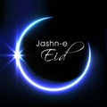 Jashn-E-Eid Lettering With Blue Glowing Crescent Moon On Black