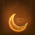 Jashn-E-Eid Lettering With Lights Effect Crescent Moon On Brown Linear Mosque