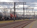 Jaslo, Poland - march 30, 2018: Train on a railway station. Transport system. Freight and passenger transportation. A work on a ra