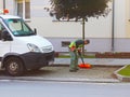 Jaslo, Poland - may 25 2018:An employee of the municipal service of the city removes the territory. Refinement of the area around