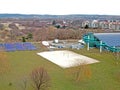 Jaslo/Poland-03 15 2018:Municipal sports complex MOSiR with a covered swimming pool with a water slide and sports grounds.Modern.H Royalty Free Stock Photo