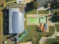 Jaslo, Poland - Oct. 15 2018: MOSiR Municipal Sports Complex with an indoor swimming pool with a waterslide and sports fields. Mod