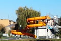 Jaslo, Poland - oct 10 2018: Sports complex indoor pool with a water tunnel for extreme joyful sensations. Design of a public buil