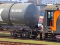 Jaslo/Yaslo, Poland - april 8, 2018: Railway station. Locomotive with an oil tanks wagons. Cargo transportation. Refinery buisnes. Royalty Free Stock Photo