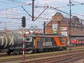 Jaslo/Yaslo, Poland - april 8, 2018: Railway station. Locomotive with an oil tanks wagons. Cargo transportation. Refinery buisnes. Royalty Free Stock Photo