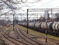 Jaslo/Yaslo, Poland - april 8, 2018: Railway station. Locomotive with an oil tanks wagons. Cargo transportation. Refinery buisnes.