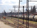 Jaslo/Yaslo, Poland - april 8, 2018: Railway station. Locomotive with an oil tanks wagons. Cargo transportation. Refinery buisnes. Royalty Free Stock Photo