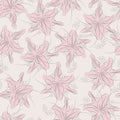 Jasmin flower seamless pattern with Dots. Pastel rose colors with gray outlines. Seamless pattern.