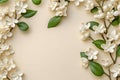 Jasmine blooms create a beautiful contrast on a white table and beige backdrop