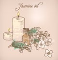 Jasmine essential oil and candles Royalty Free Stock Photo
